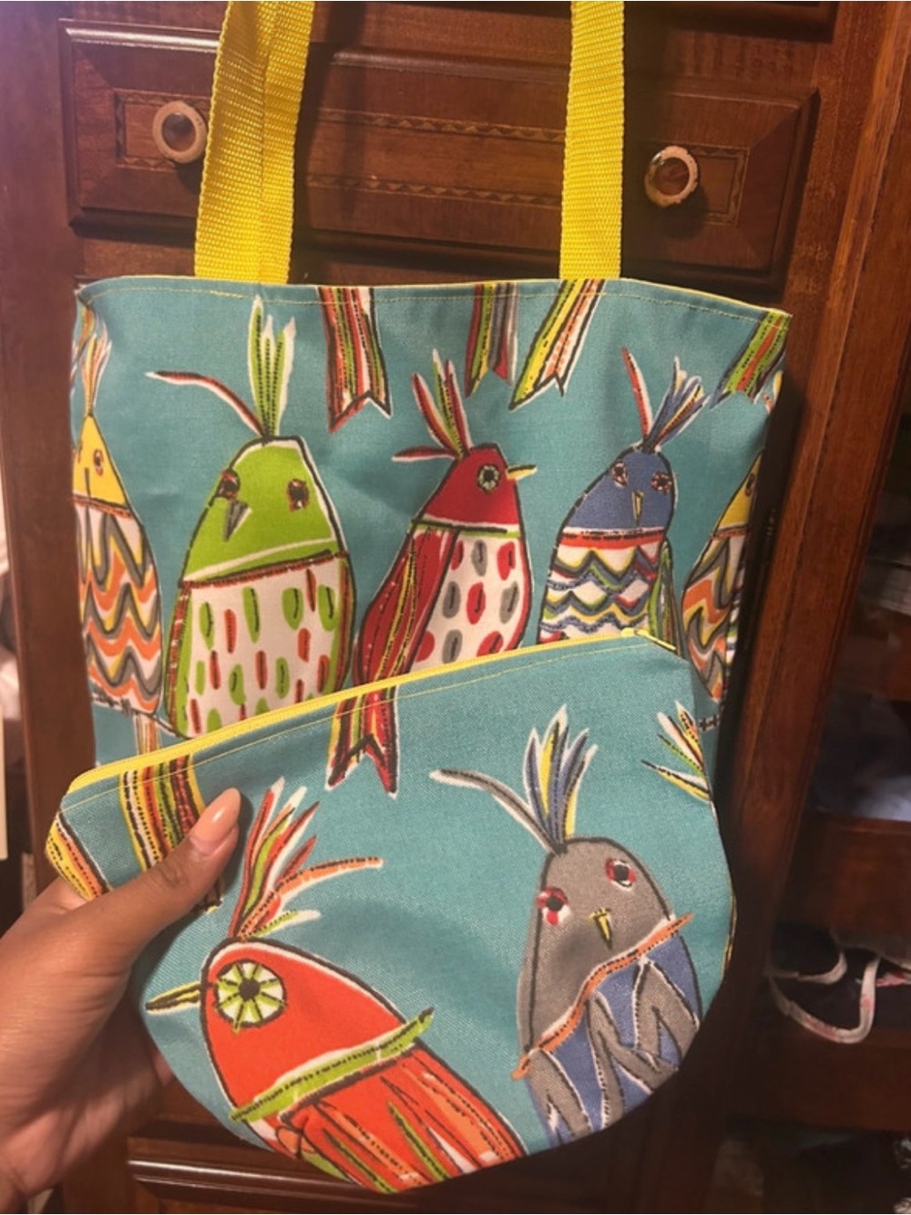 Colorful artsy tote bag with matching clutch